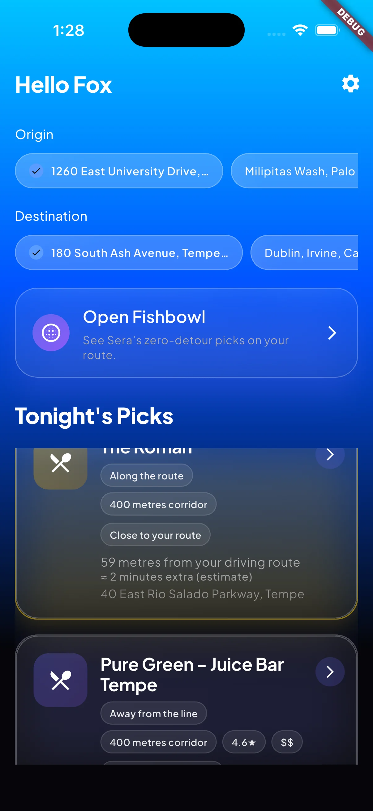Tesseract Tonight's Route screen